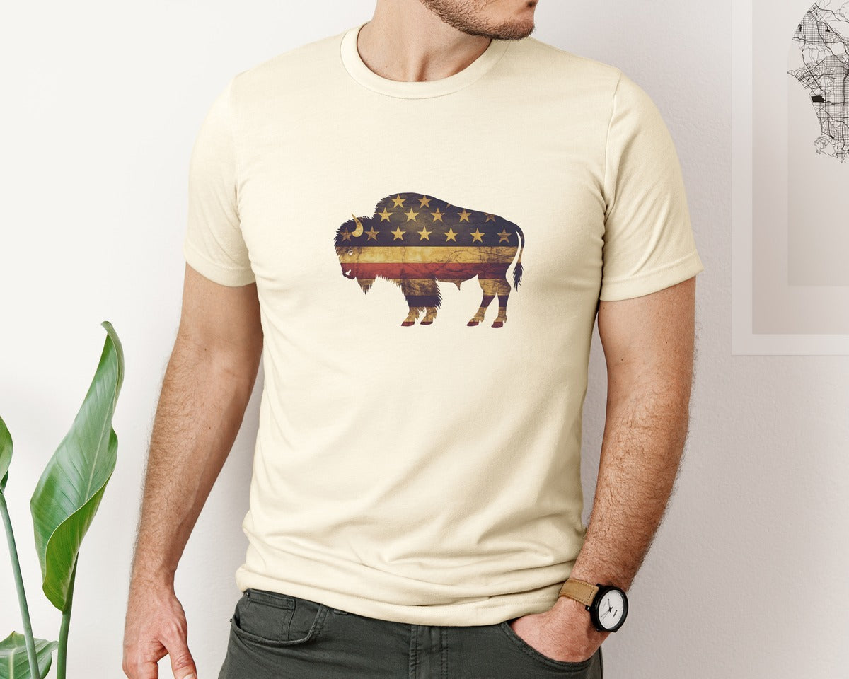 brand:Bella Canvas|color:Light Cream / Natural|American Bison Patriotic Usa Flag 4 Graphic T-Shirt