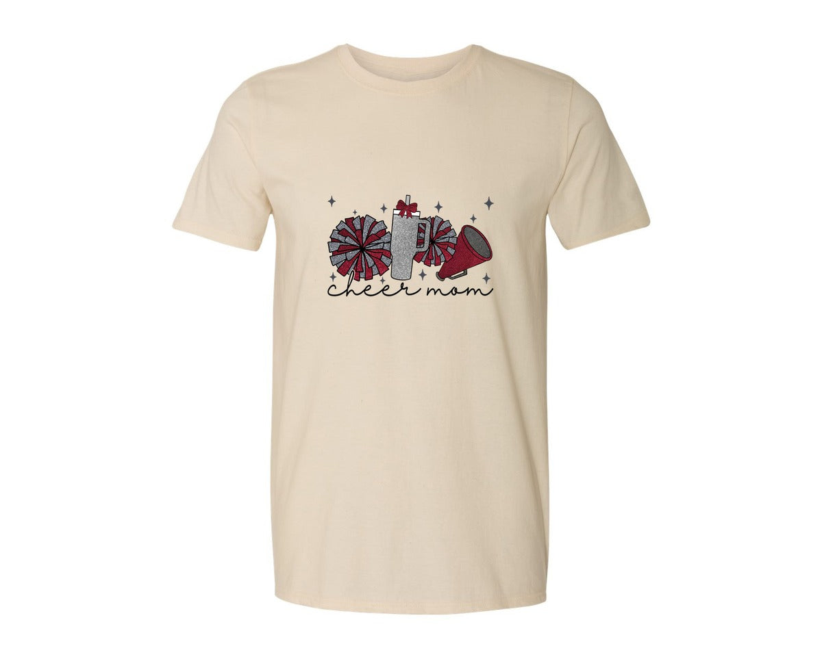 brand:Generic|color:Light Cream / Natural|Cheer Mom Glitter Cheerleading Graphic T-Shirt