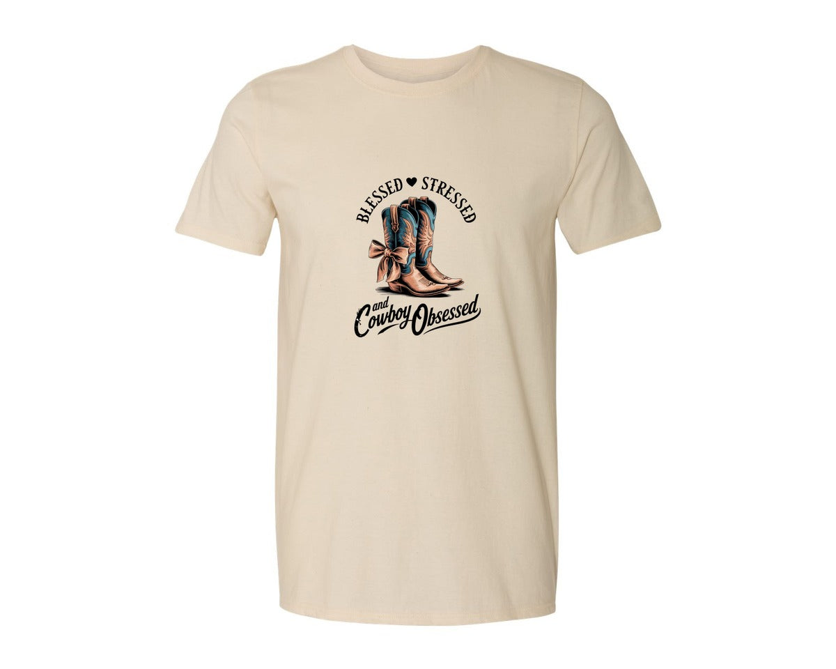 brand:Generic|color:Light Cream / Natural|Blessed Stressed Mom Western Mothers Day 3 Graphic T-Shirt