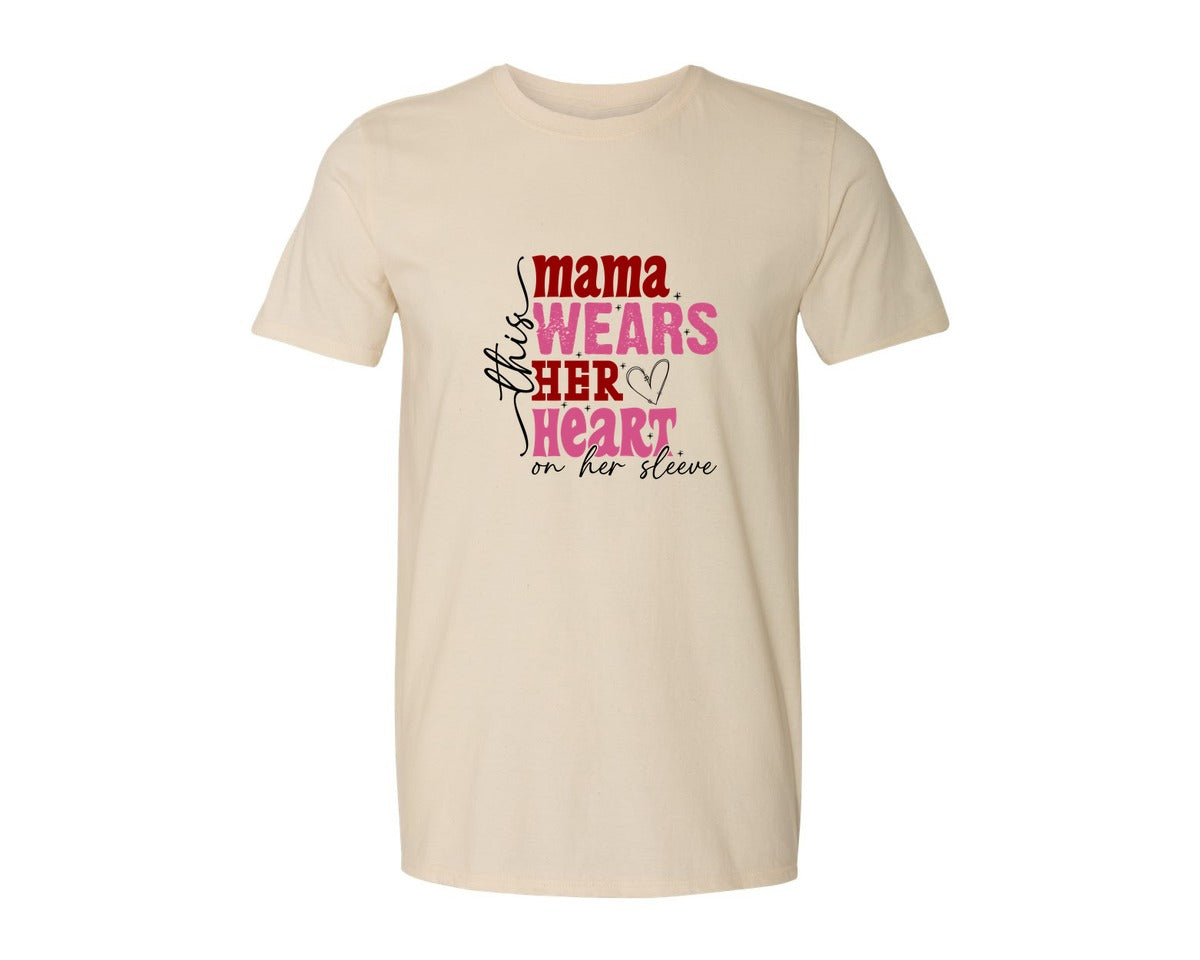 brand:Generic|color:Light Cream / Natural|This Mama Wears Her Heart On Her Sleeve 84 Graphic T-Shirt
