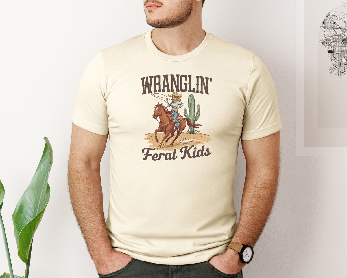brand:Bella Canvas|color:Light Cream / Natural|Wranglin Feral Kids Western Mothers Day 3 Graphic T-Shirt