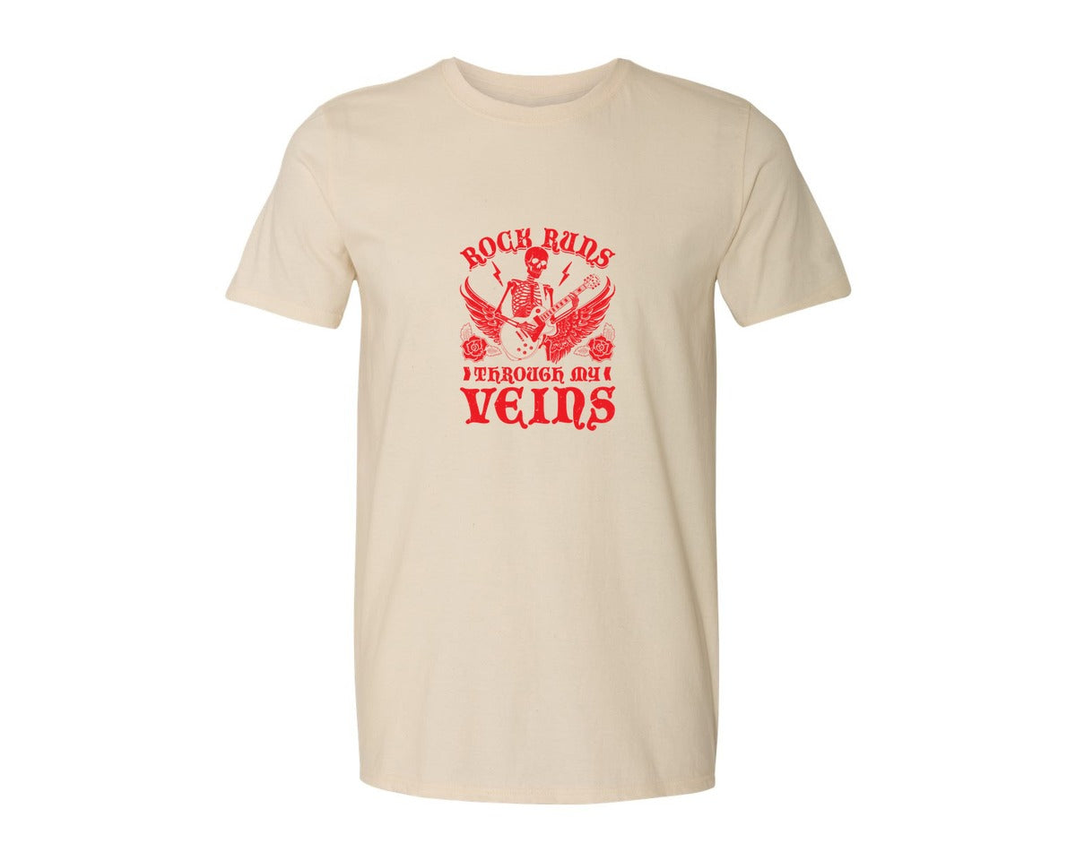 brand:Generic|color:Light Cream / Natural|Rock Runs Through My Veins Design Graphic T-Shirt