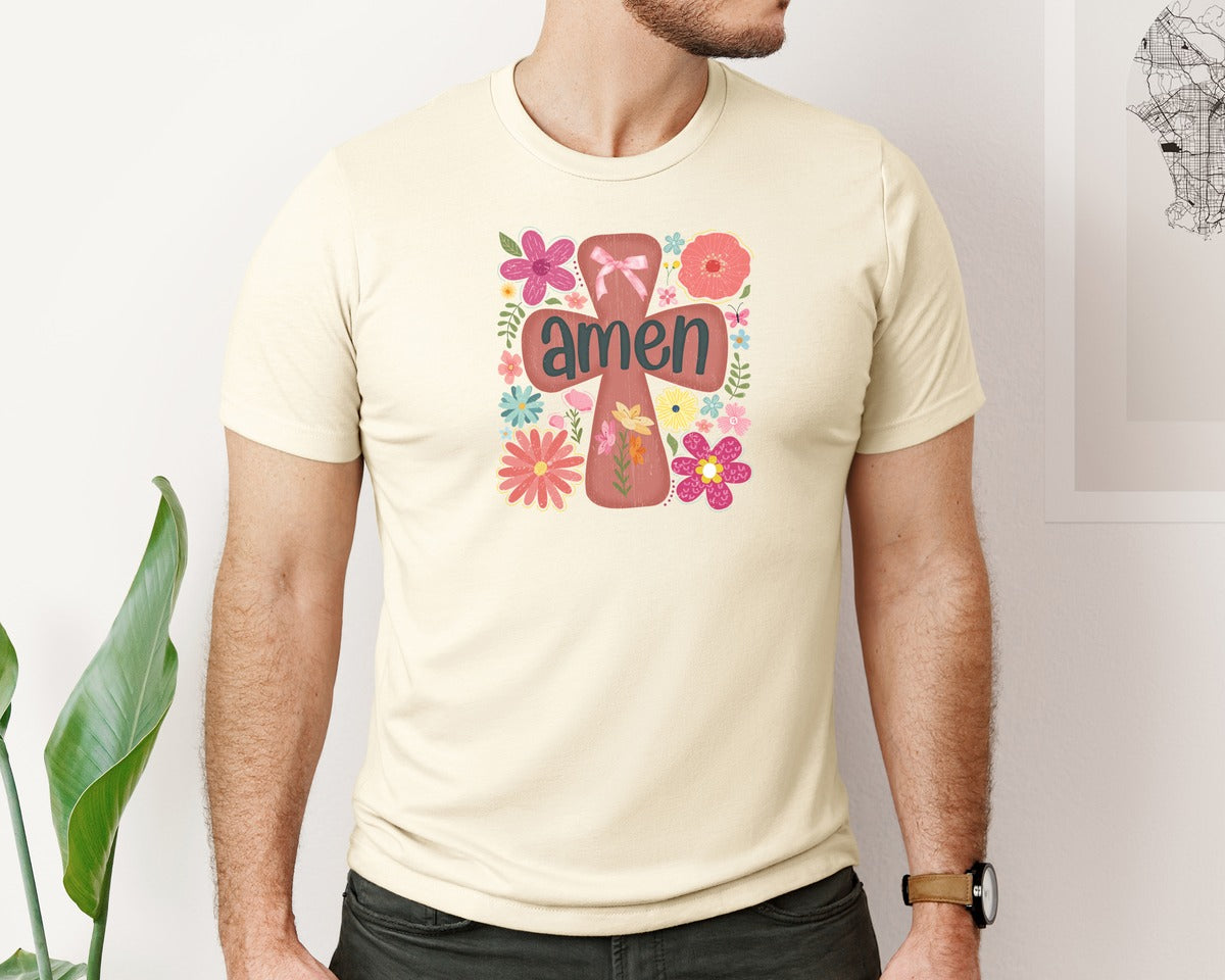 brand:Bella Canvas|color:Light Cream / Natural|Boho Floral Amen Christian Graphic T-Shirt