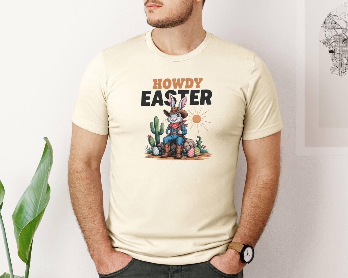 brand:Bella Canvas|color:Light Cream / Natural|Howdy Easter Western Cowboy Bunny 2 Graphic T-Shirt