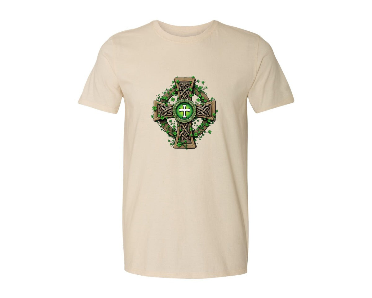 brand:Generic|color:Light Cream / Natural|Celtic Cross With Shamrocks Irish Graphic T-Shirt