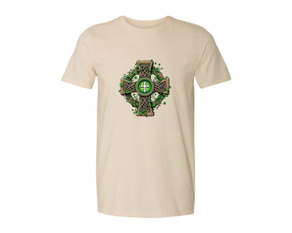 brand:Generic|color:Light Cream / Natural|Celtic Cross With Shamrocks Irish Graphic T-Shirt