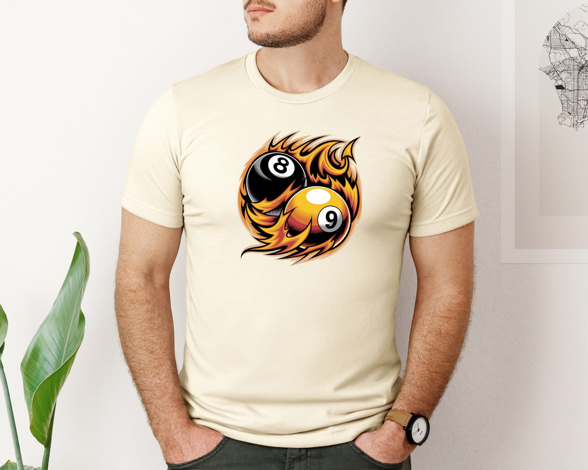 brand:Bella Canvas|color:Light Cream / Natural|Flaming 8 9 Ball Billiards Graphic T-Shirt