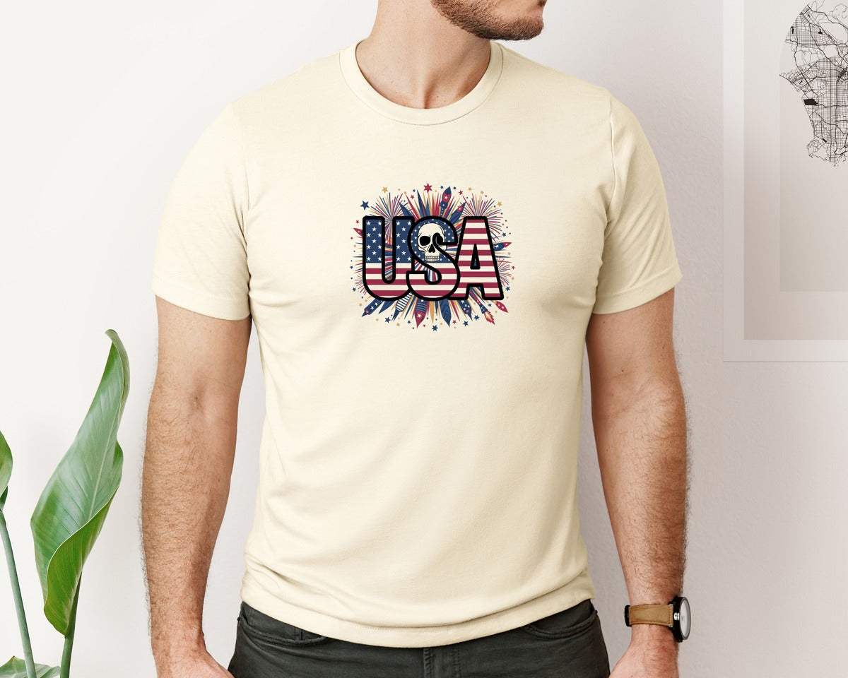 brand:Bella Canvas|color:Light Cream / Natural|Usa Skull Fireworks 4Th Of July T Shirt 2 Graphic T-Shirt