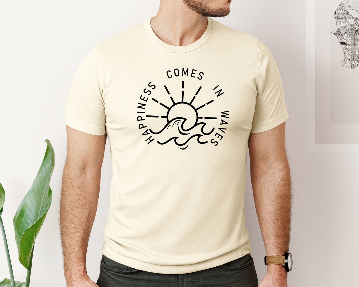 brand:Bella Canvas|color:Light Cream / Natural|Happiness Comes In Waves Graphic T-Shirt