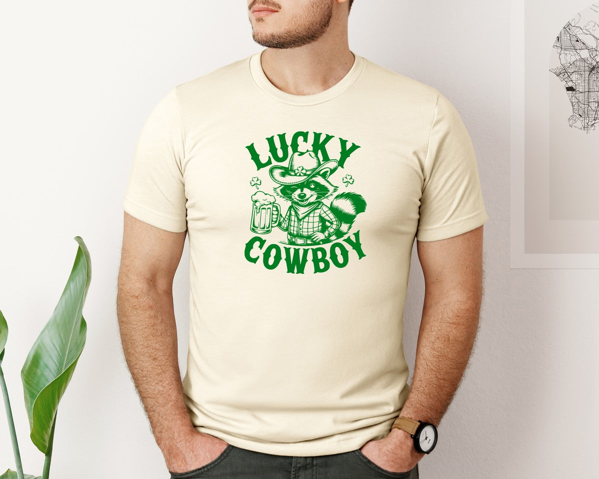brand:Bella Canvas|color:Light Cream / Natural|Lucky Cowboy Funny St Patricks Day Graphic T-Shirt