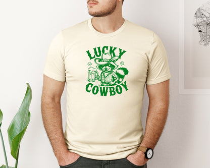 brand:Bella Canvas|color:Light Cream / Natural|Lucky Cowboy Funny St Patricks Day Graphic T-Shirt