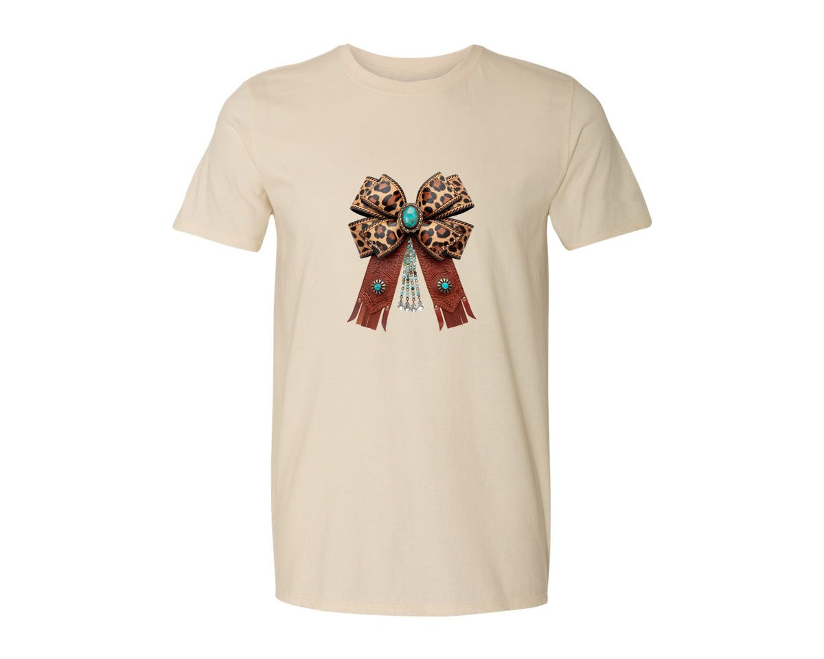 brand:Generic|color:Light Cream / Natural|Western Leopard Bow Coquette Cowgirl 2 Graphic T-Shirt