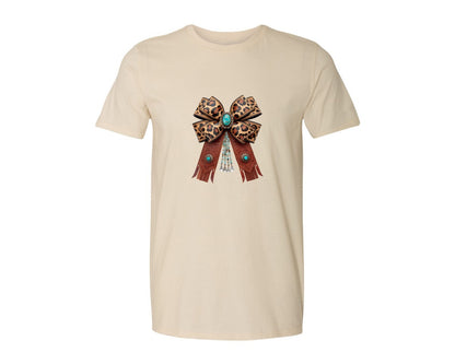 brand:Generic|color:Light Cream / Natural|Western Leopard Bow Coquette Cowgirl 2 Graphic T-Shirt