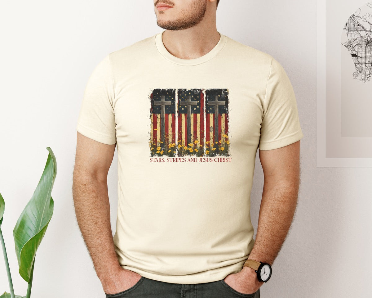 brand:Bella Canvas|color:Light Cream / Natural|Stars And Stripes And Jesus Christ Graphic T-Shirt