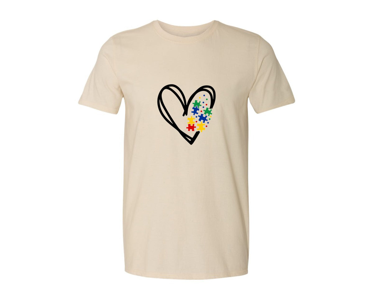 brand:Generic|color:Light Cream / Natural|Autism Heart Autism Puzzle Graphic T-Shirt