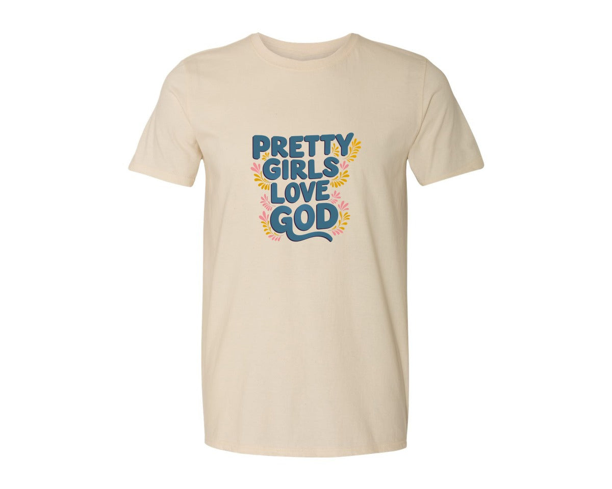 brand:Generic|color:Light Cream / Natural|Pretty Girls Love God Christian 3 Graphic T-Shirt