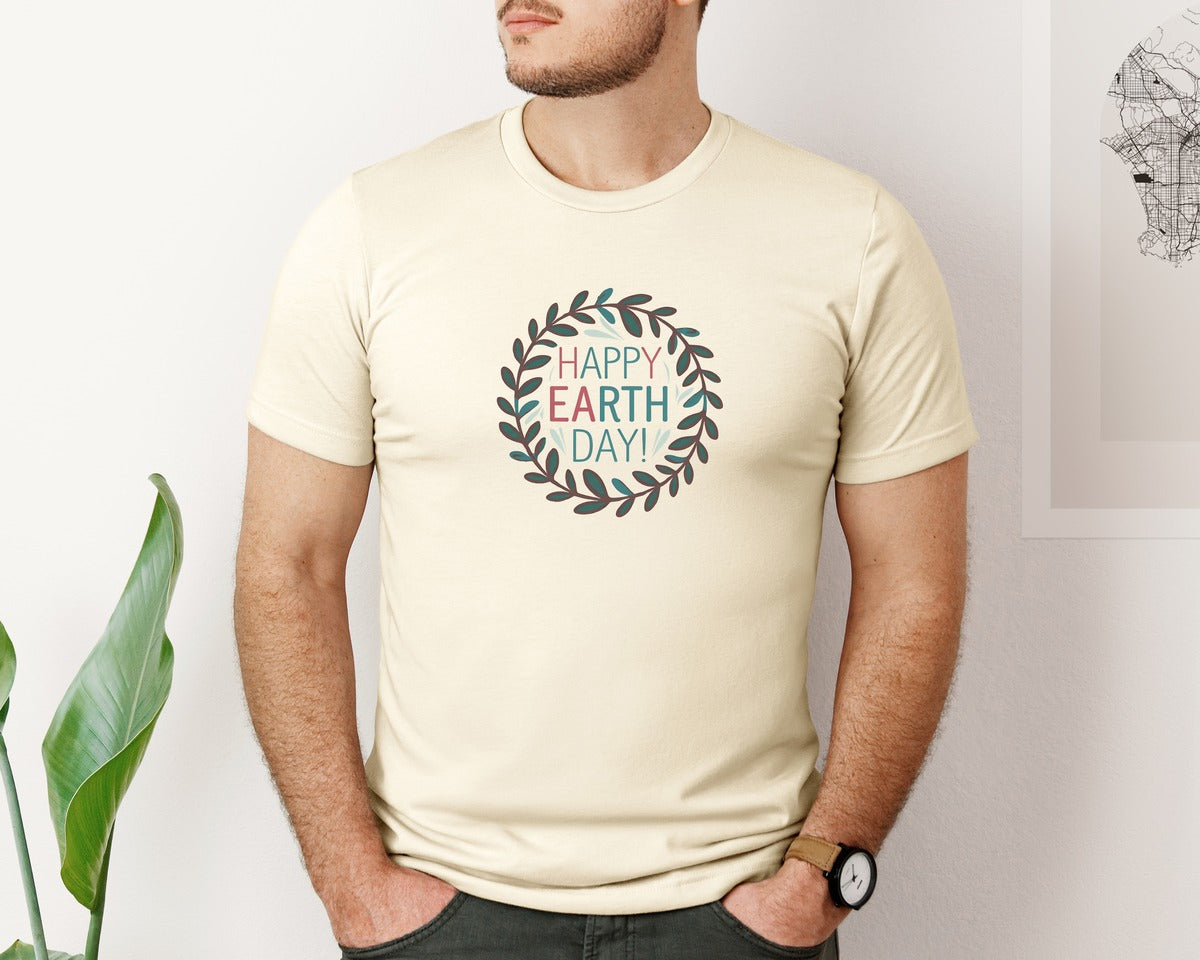 brand:Bella Canvas|color:Light Cream / Natural|Earth Day With Leaf Wreath T Shirtdesign Graphic T-Shirt