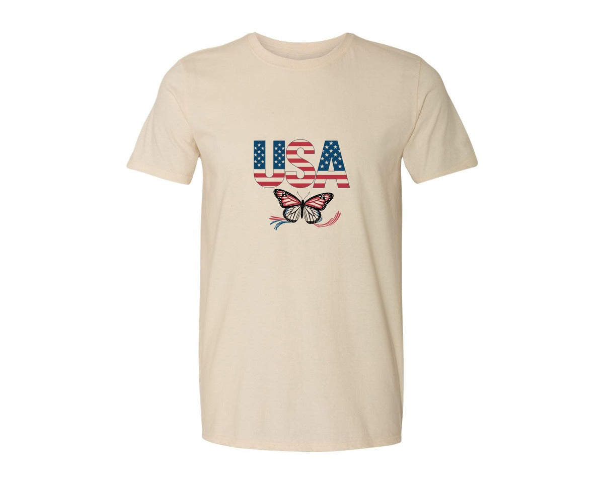 brand:Generic|color:Light Cream / Natural|Usa Butterfly Patriotic Graphic T-Shirt