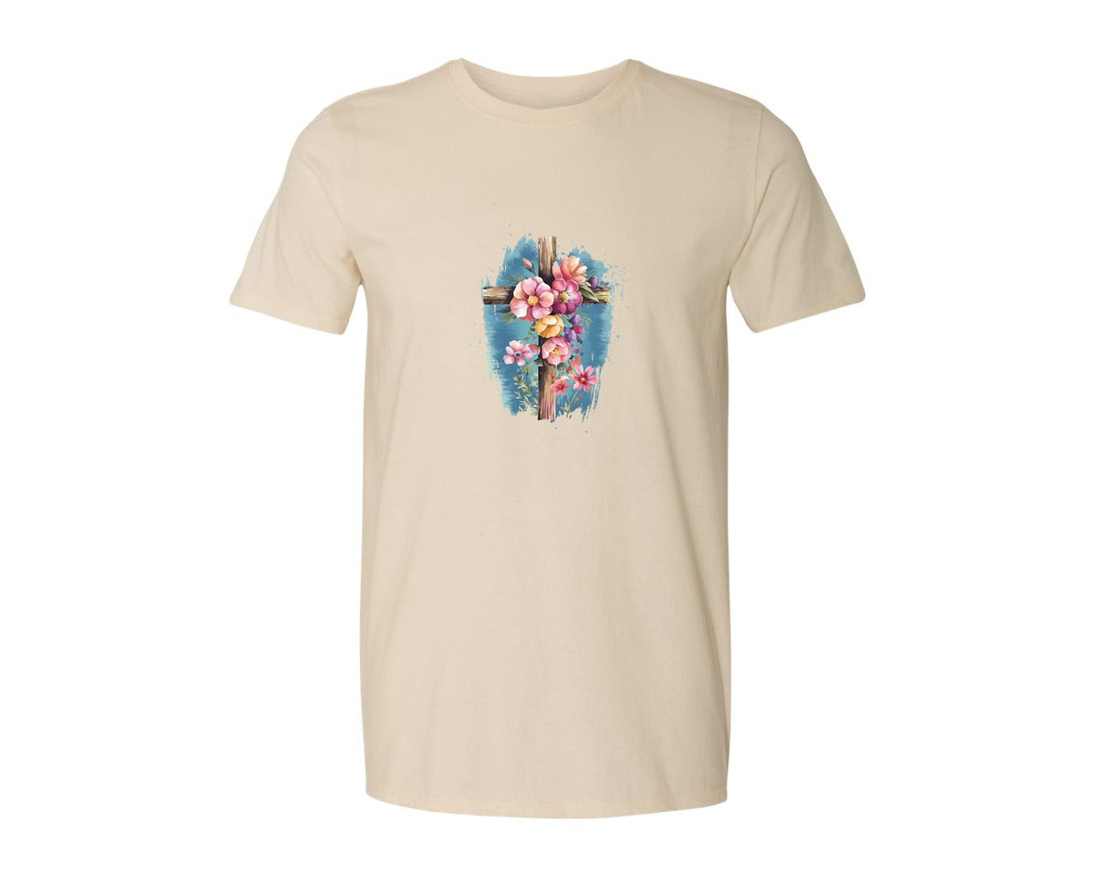 brand:Generic|color:Light Cream / Natural|Floral Christian Cross Graphic T-Shirt