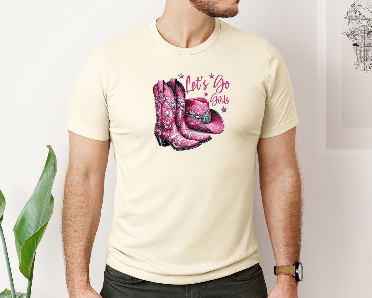 brand:Bella Canvas|color:Light Cream / Natural|Lets Go Girls Cowgirl Boots 2 Graphic T-Shirt