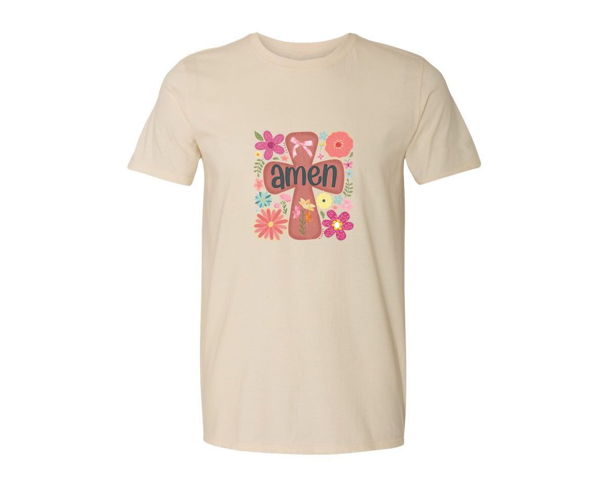 brand:Generic|color:Light Cream / Natural|Boho Floral Amen Christian Graphic T-Shirt