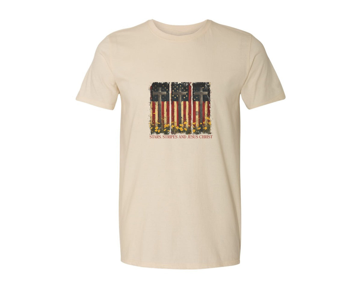 brand:Generic|color:Light Cream / Natural|Stars And Stripes And Jesus Christ Graphic T-Shirt