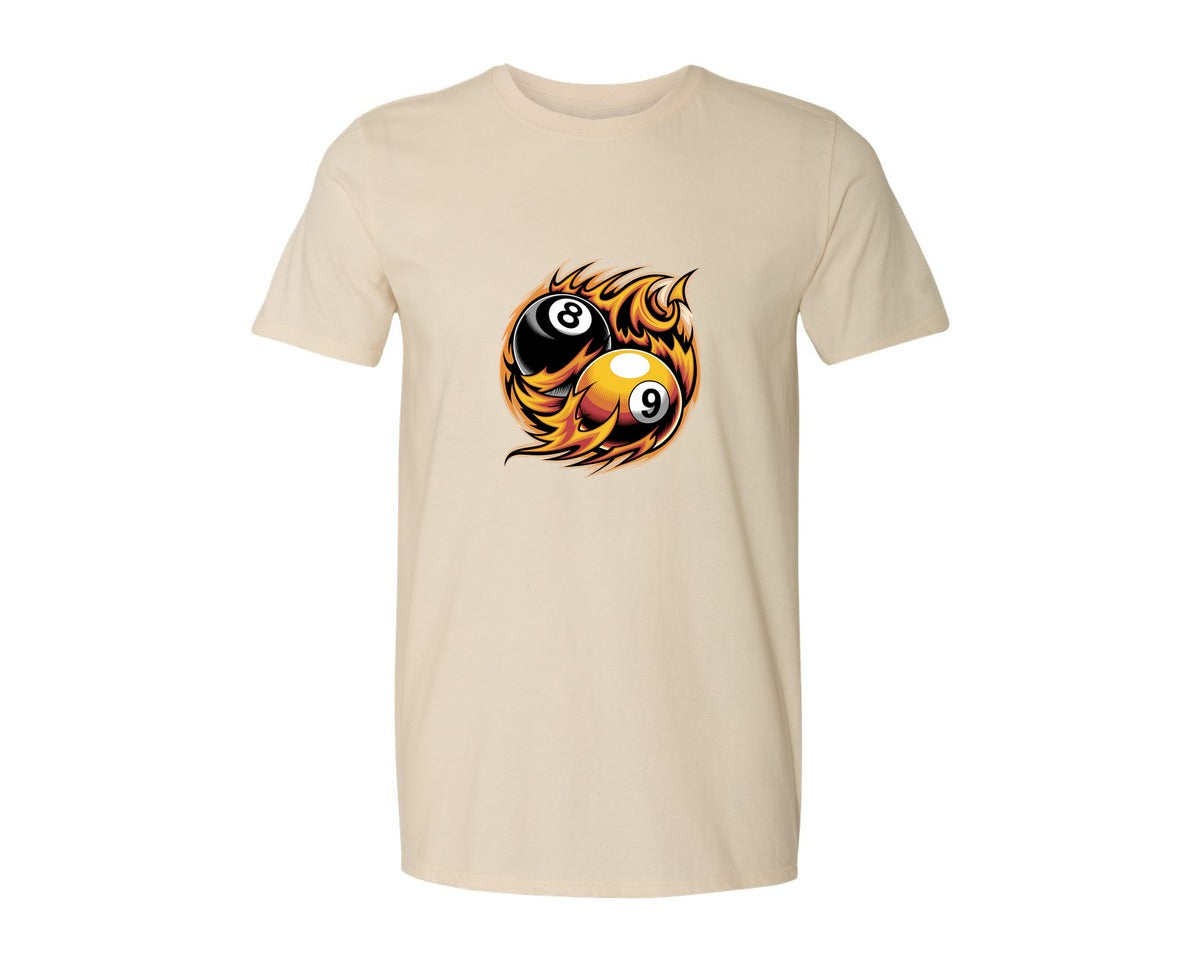 brand:Generic|color:Light Cream / Natural|Flaming 8 9 Ball Billiards Graphic T-Shirt