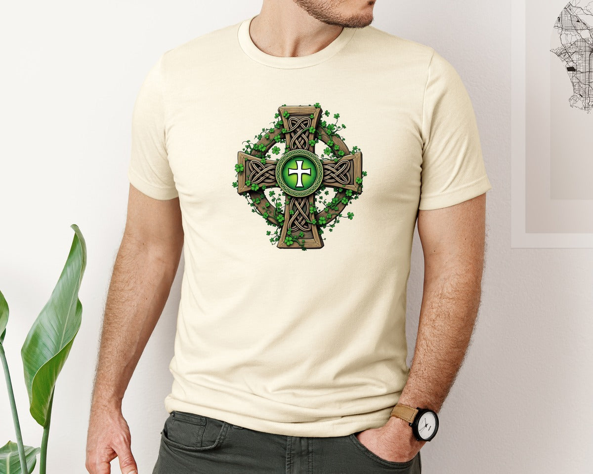 brand:Bella Canvas|color:Light Cream / Natural|Celtic Cross With Shamrocks Irish Graphic T-Shirt