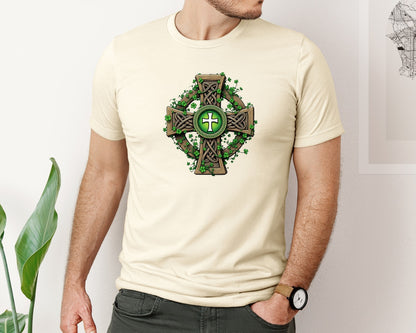 brand:Bella Canvas|color:Light Cream / Natural|Celtic Cross With Shamrocks Irish Graphic T-Shirt
