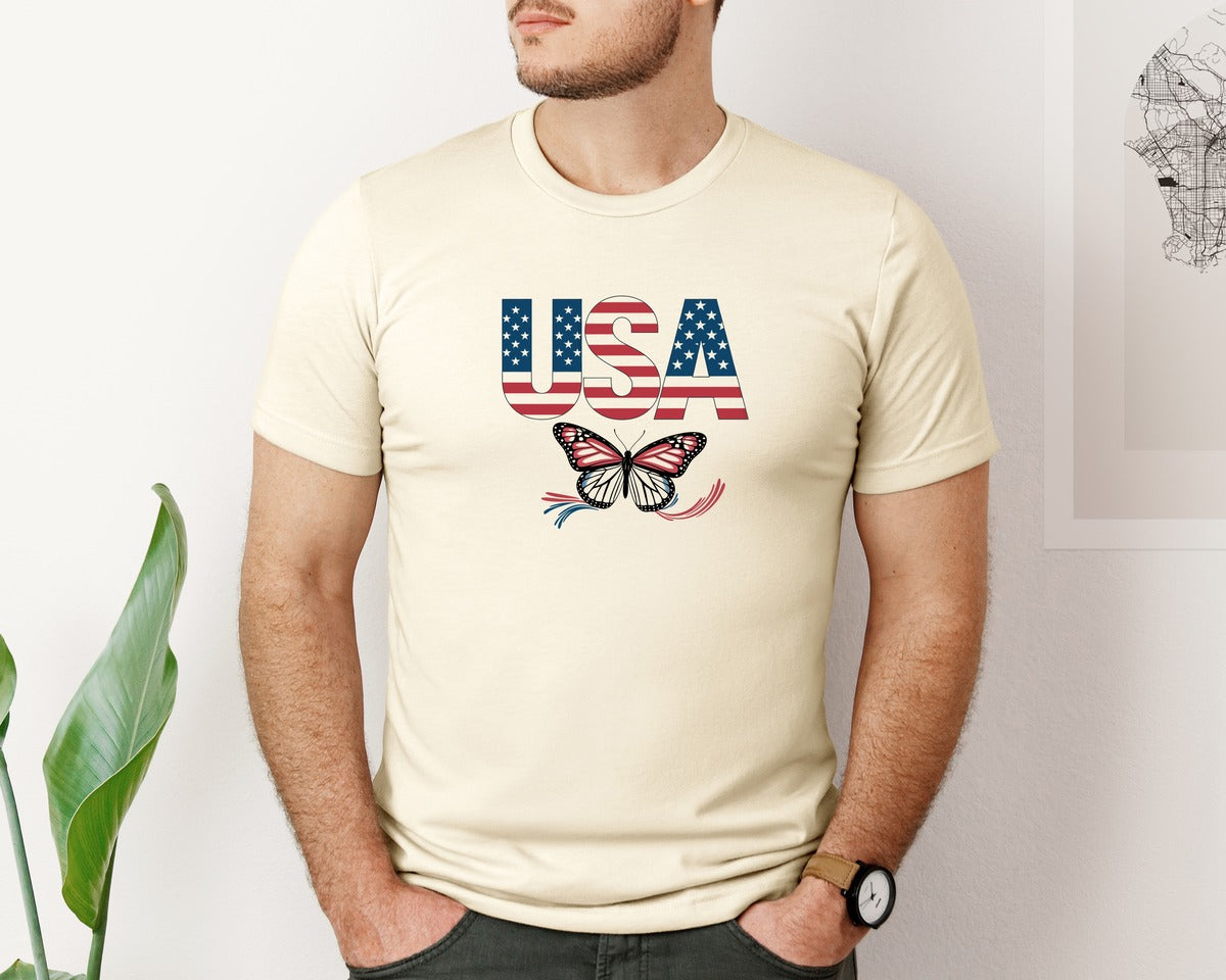 brand:Bella Canvas|color:Light Cream / Natural|Usa Butterfly Patriotic Graphic T-Shirt
