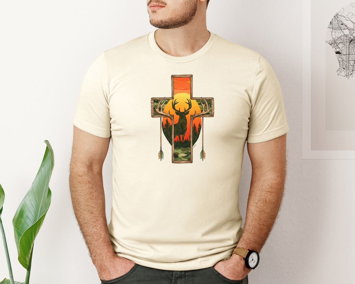 brand:Bella Canvas|color:Light Cream / Natural|Deer Cross Rustic Hunting Cross Sub Graphic T-Shirt