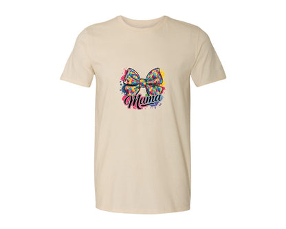 brand:Generic|color:Light Cream / Natural|Autism Mama Colorful Puzzle Bow Art Graphic T-Shirt