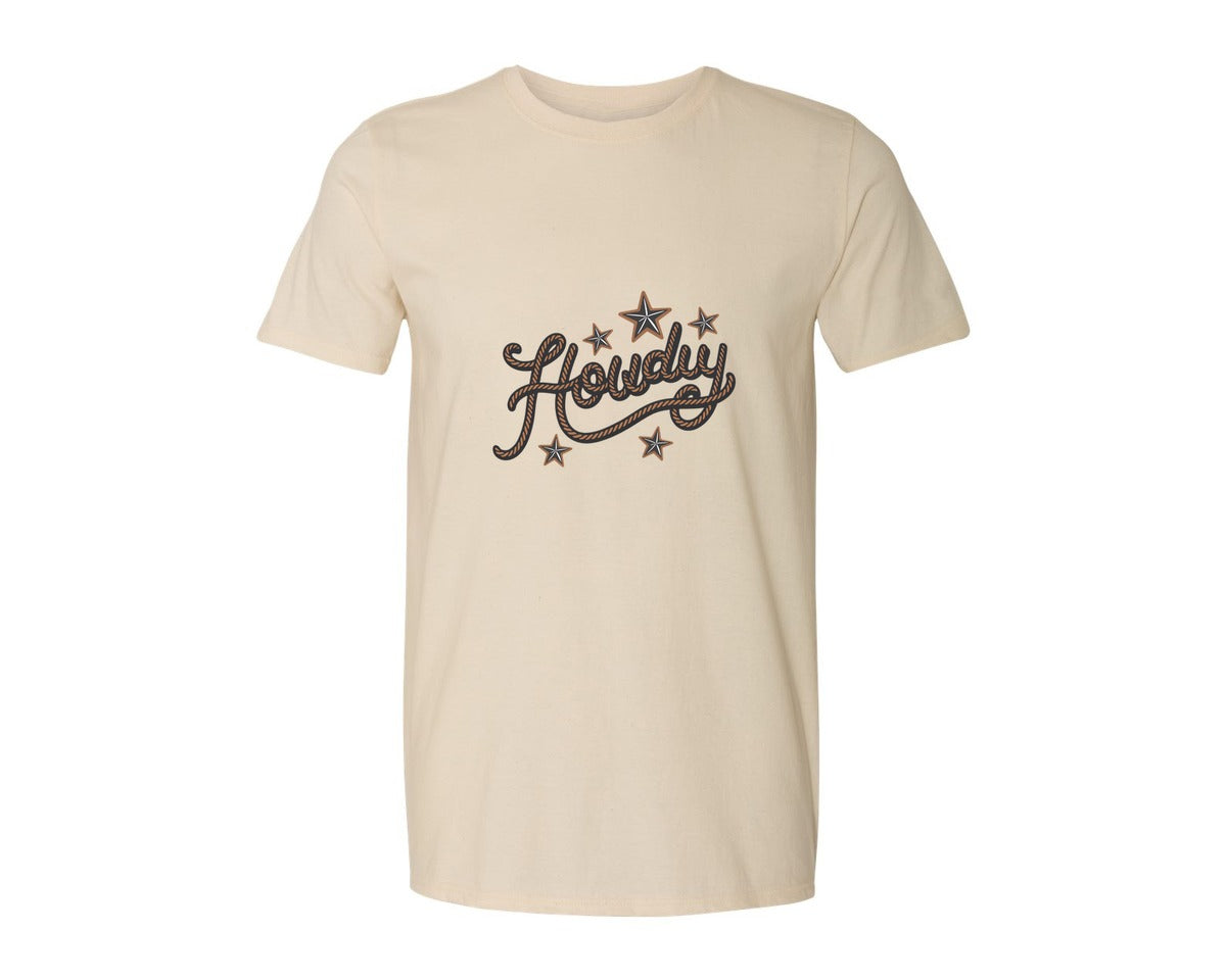 brand:Generic|color:Light Cream / Natural|Howdy Western Cowboy Rope Graphic T-Shirt