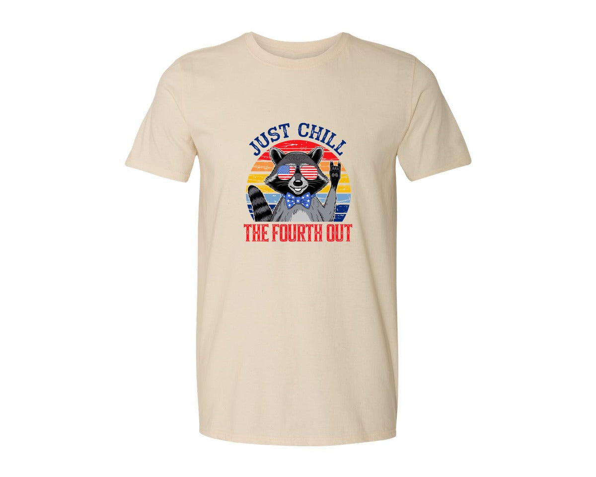 brand:Generic|color:Light Cream / Natural|Retro Raccoon 4Th Of July Chill Vibes Graphic T-Shirt
