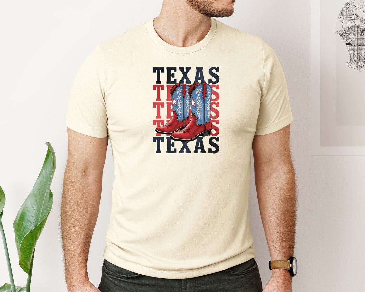brand:Bella Canvas|color:Light Cream / Natural|Texas Cowboy Boots Western Rodeo 4 Graphic T-Shirt