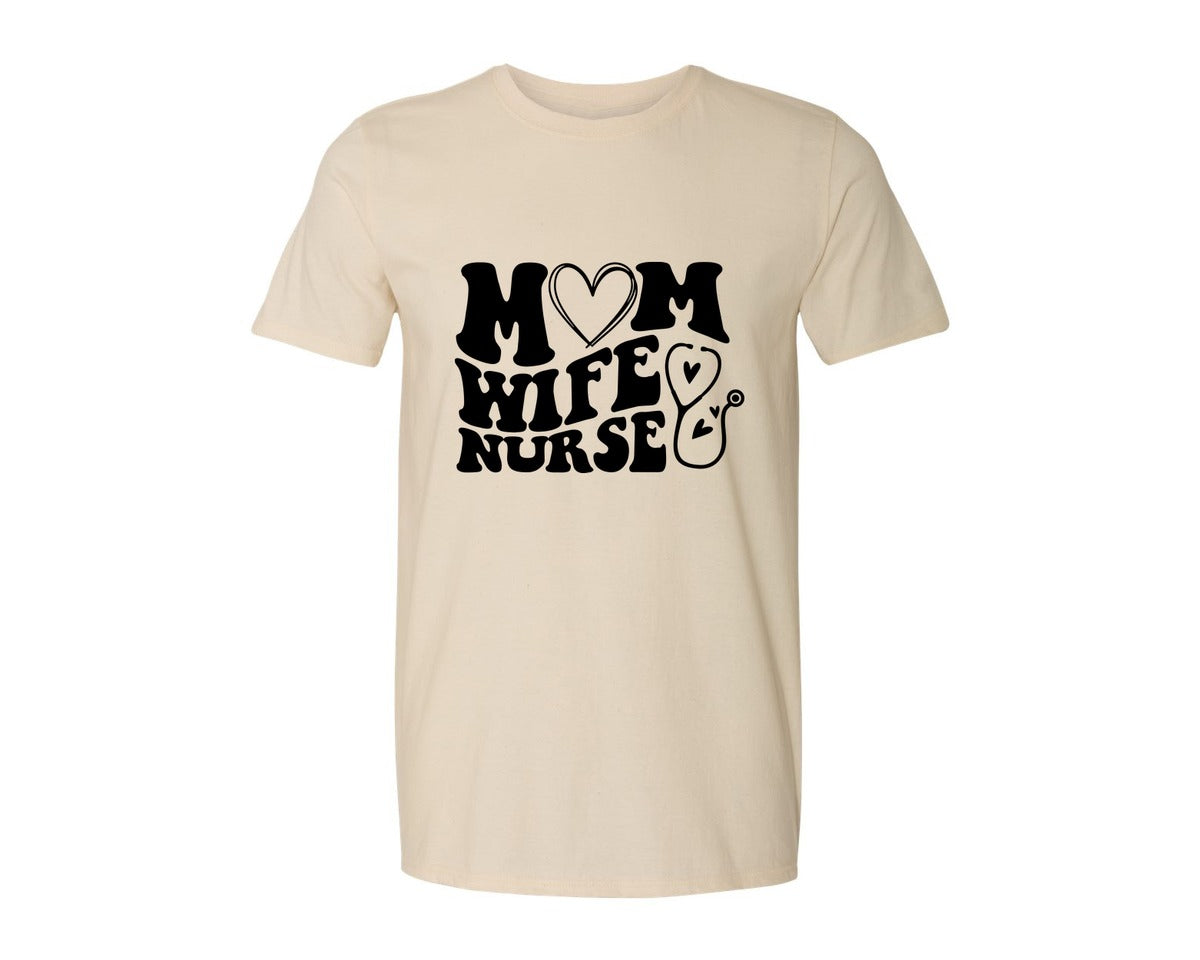 brand:Generic|color:Light Cream / Natural|Mom Wife Nurse Wavy Graphic T-Shirt