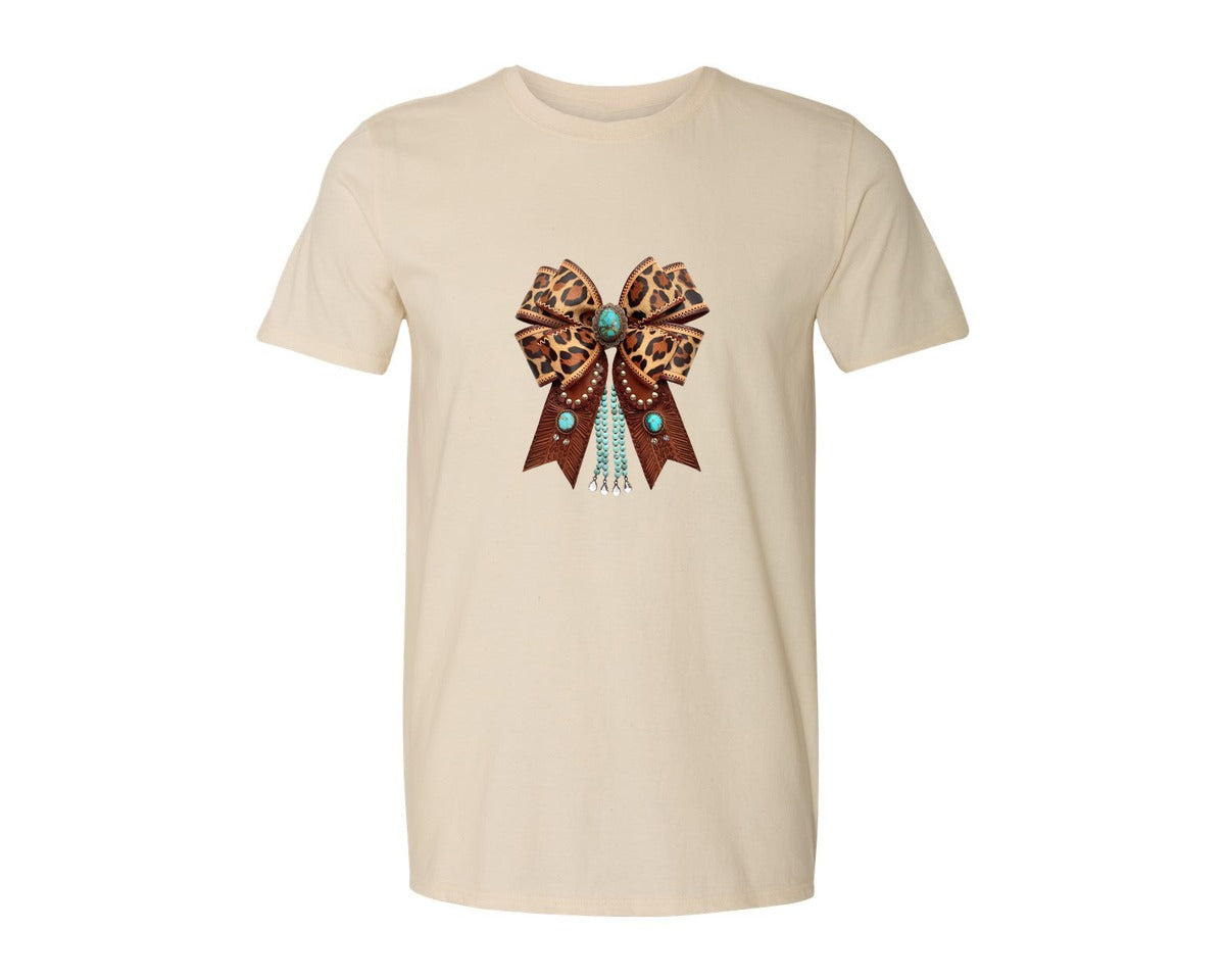 brand:Generic|color:Light Cream / Natural|Western Leopard Bow Bohemian Coquette Graphic T-Shirt