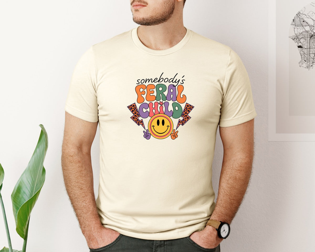 brand:Bella Canvas|color:Light Cream / Natural|Somebodys Feral Child Funny Summer Graphic T-Shirt
