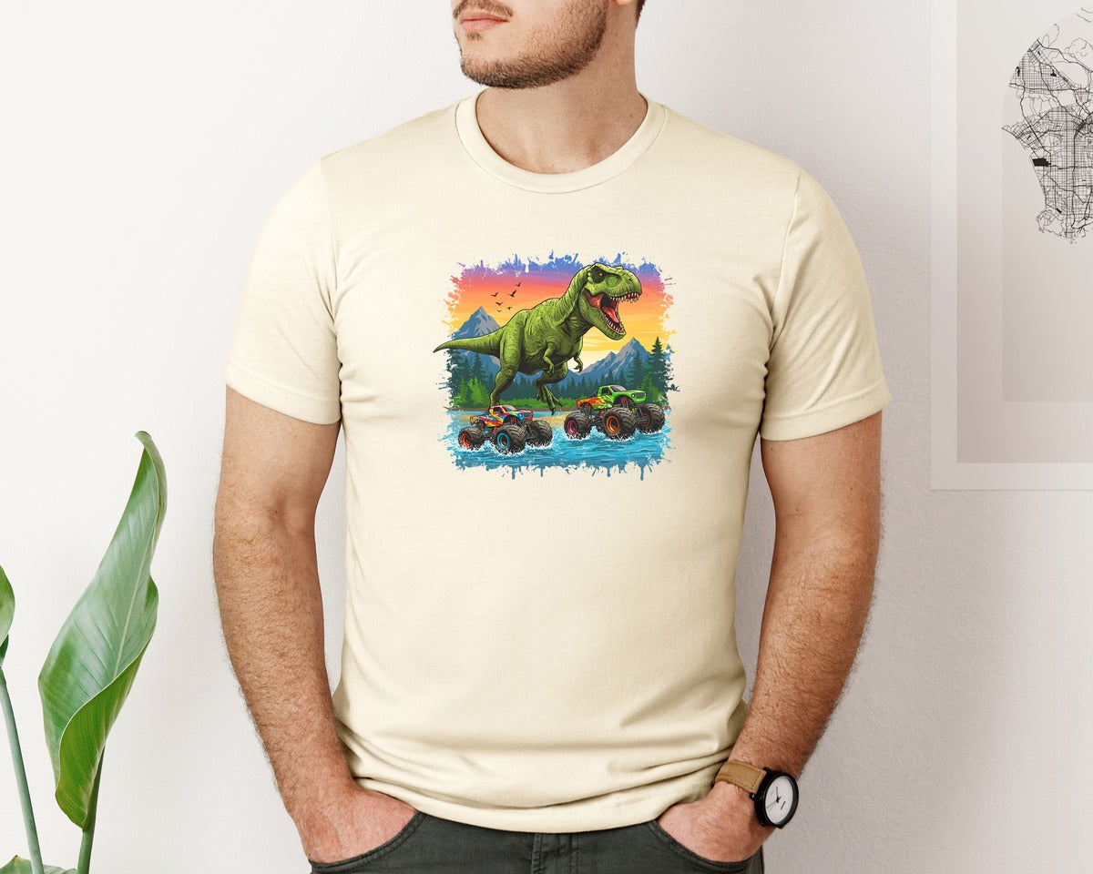 brand:Bella Canvas|color:Light Cream / Natural|Dinosaur Monster Truck T Rex Graphic T-Shirt