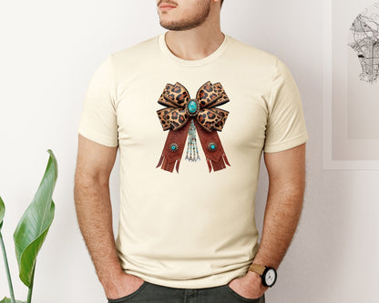 brand:Bella Canvas|color:Light Cream / Natural|Western Leopard Bow Coquette Cowgirl 2 Graphic T-Shirt