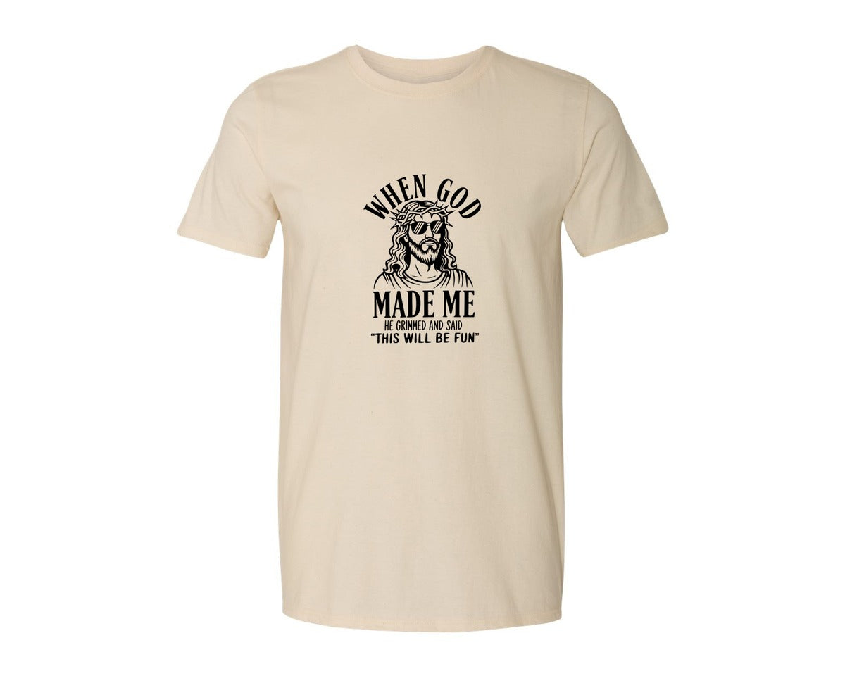 brand:Generic|color:Light Cream / Natural|God Humor Christian Faith Graphic T-Shirt