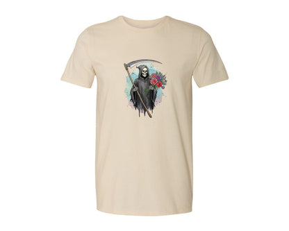 brand:Generic|color:Light Cream / Natural|Grim Reaper With Flowers Gothic Graphic T-Shirt