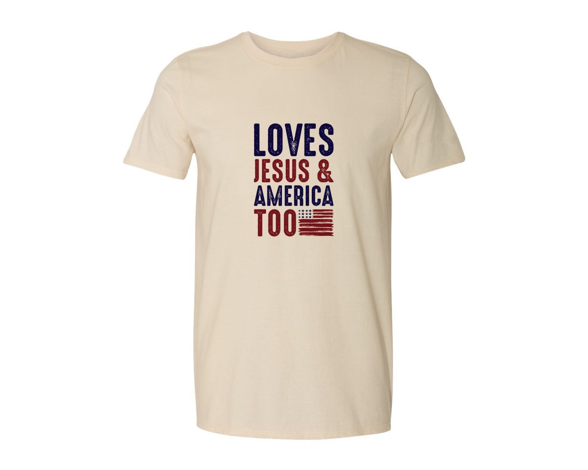 brand:Generic|color:Light Cream / Natural|Loves Jesus And America Too Jesus Graphic T-Shirt
