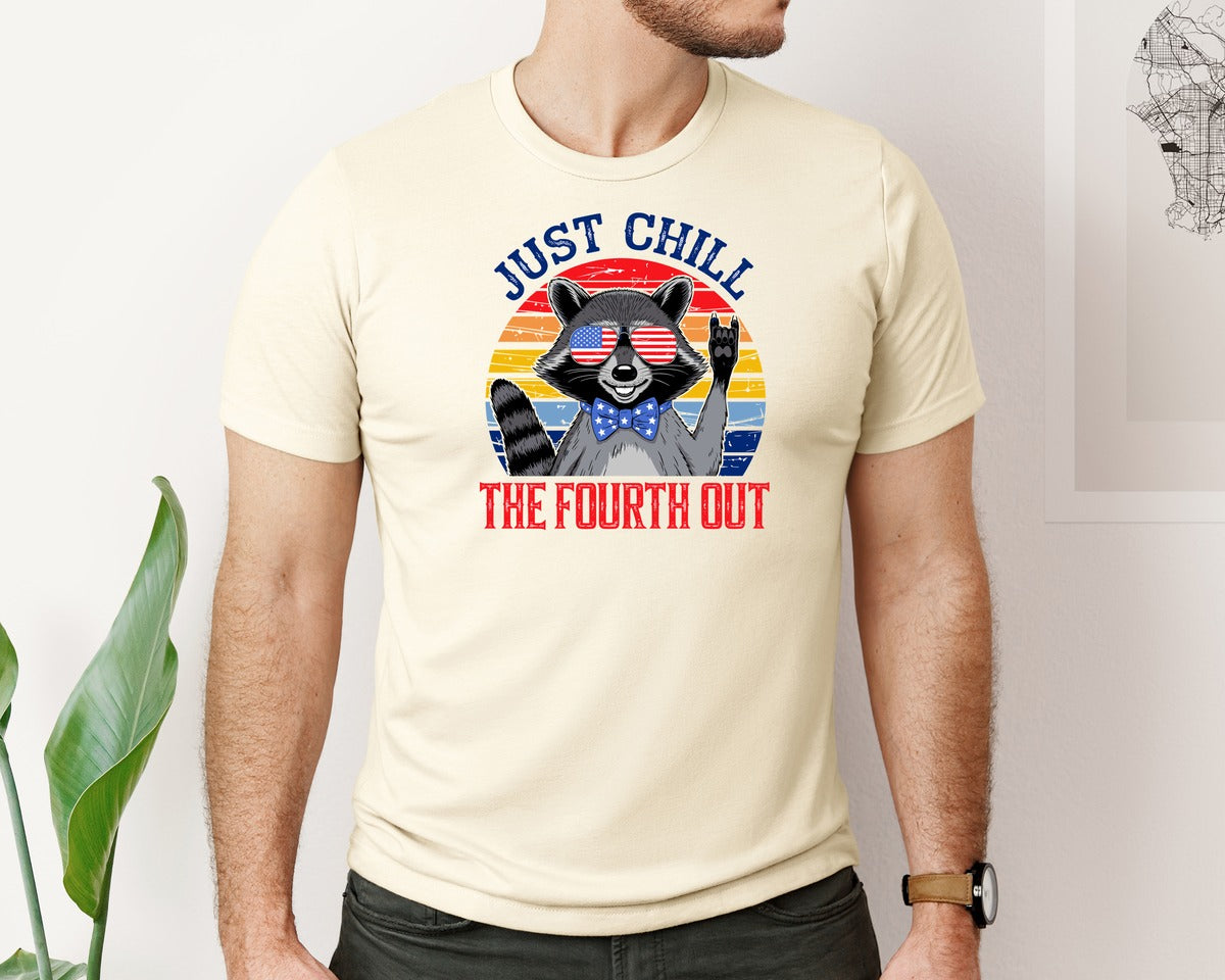 brand:Bella Canvas|color:Light Cream / Natural|Retro Raccoon 4Th Of July Chill Vibes Graphic T-Shirt