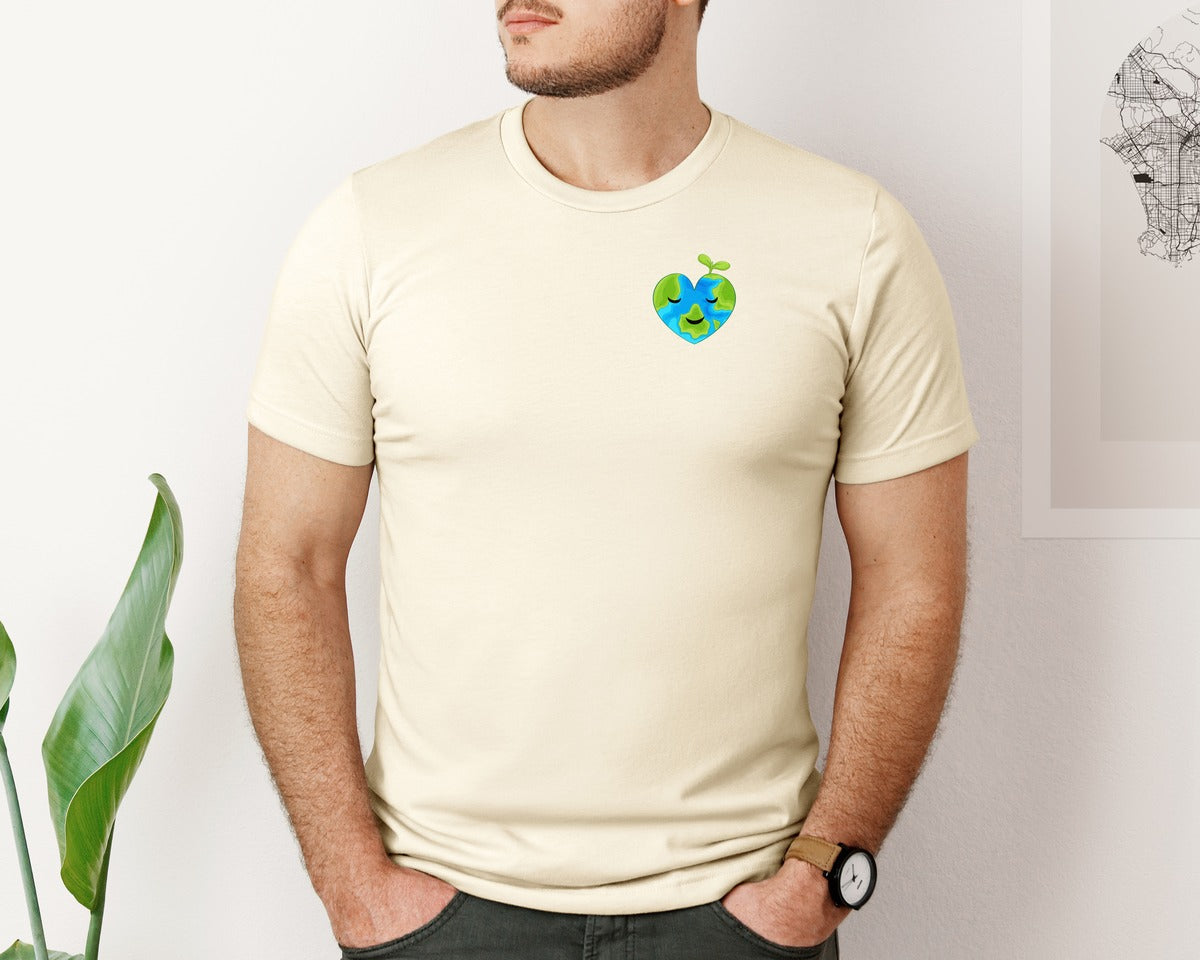 brand:Bella Canvas|color:Light Cream / Natural|Love Heart Earth Globe Pocket Design Graphic T-Shirt