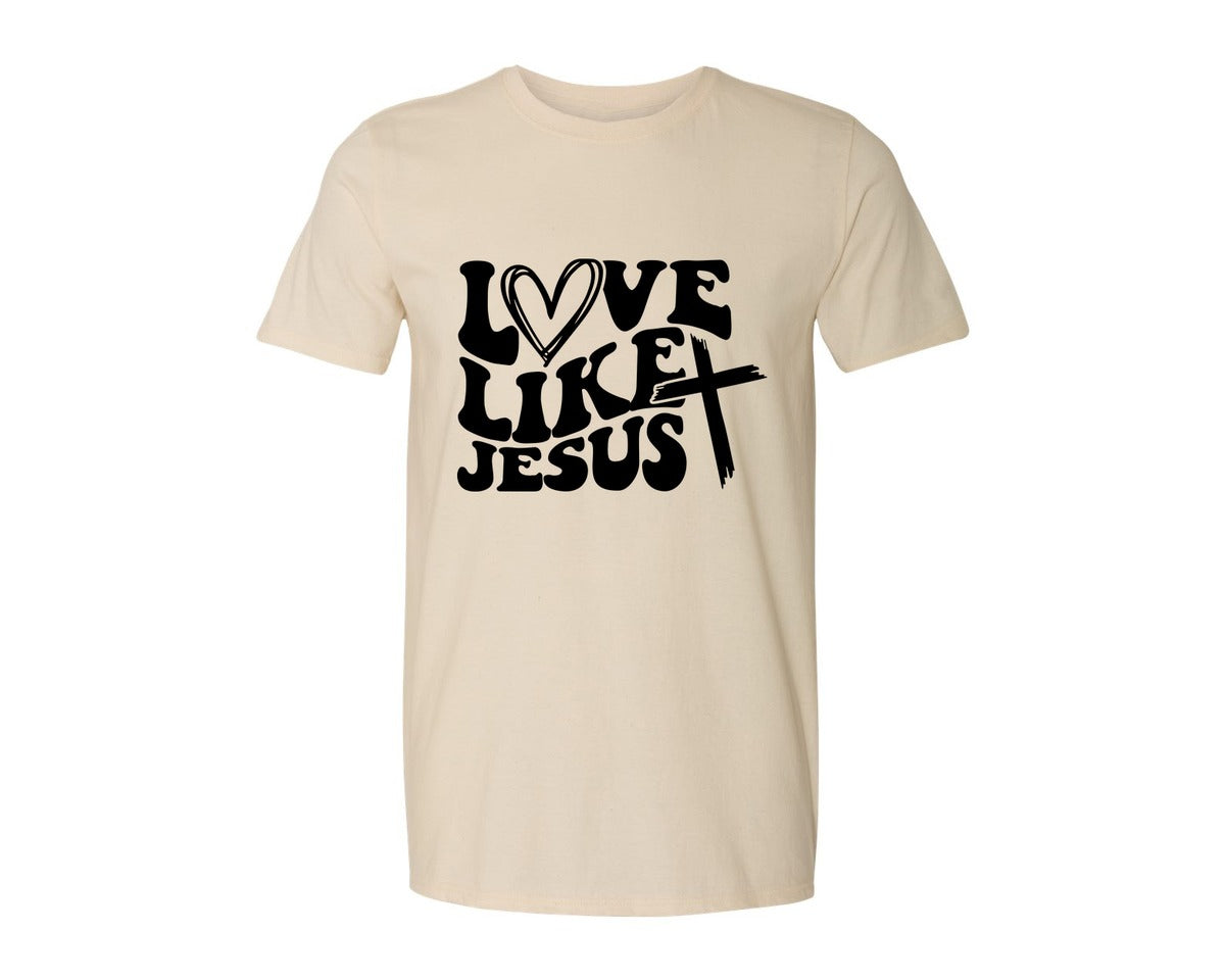 brand:Generic|color:Light Cream / Natural|Love Like Jesus Wavy 2 Graphic T-Shirt