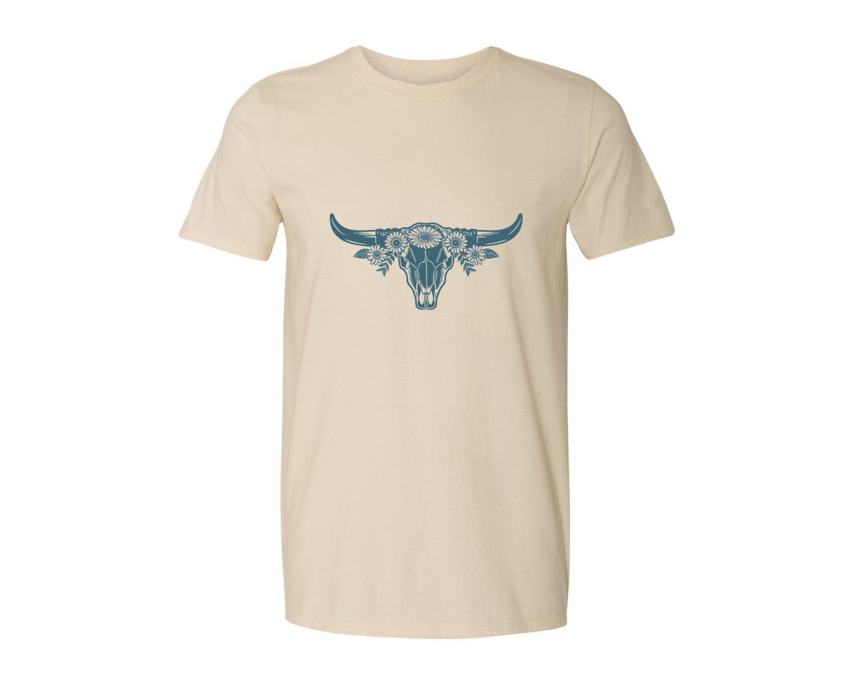 brand:Generic|color:Light Cream / Natural|Western Bull Skull Longhorn Boho Flowers 4 Graphic T-Shirt