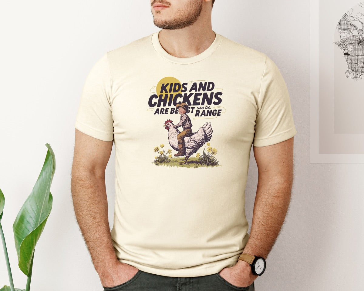 brand:Bella Canvas|color:Light Cream / Natural|Kids And Chickens Vintage Farm Graphic T-Shirt
