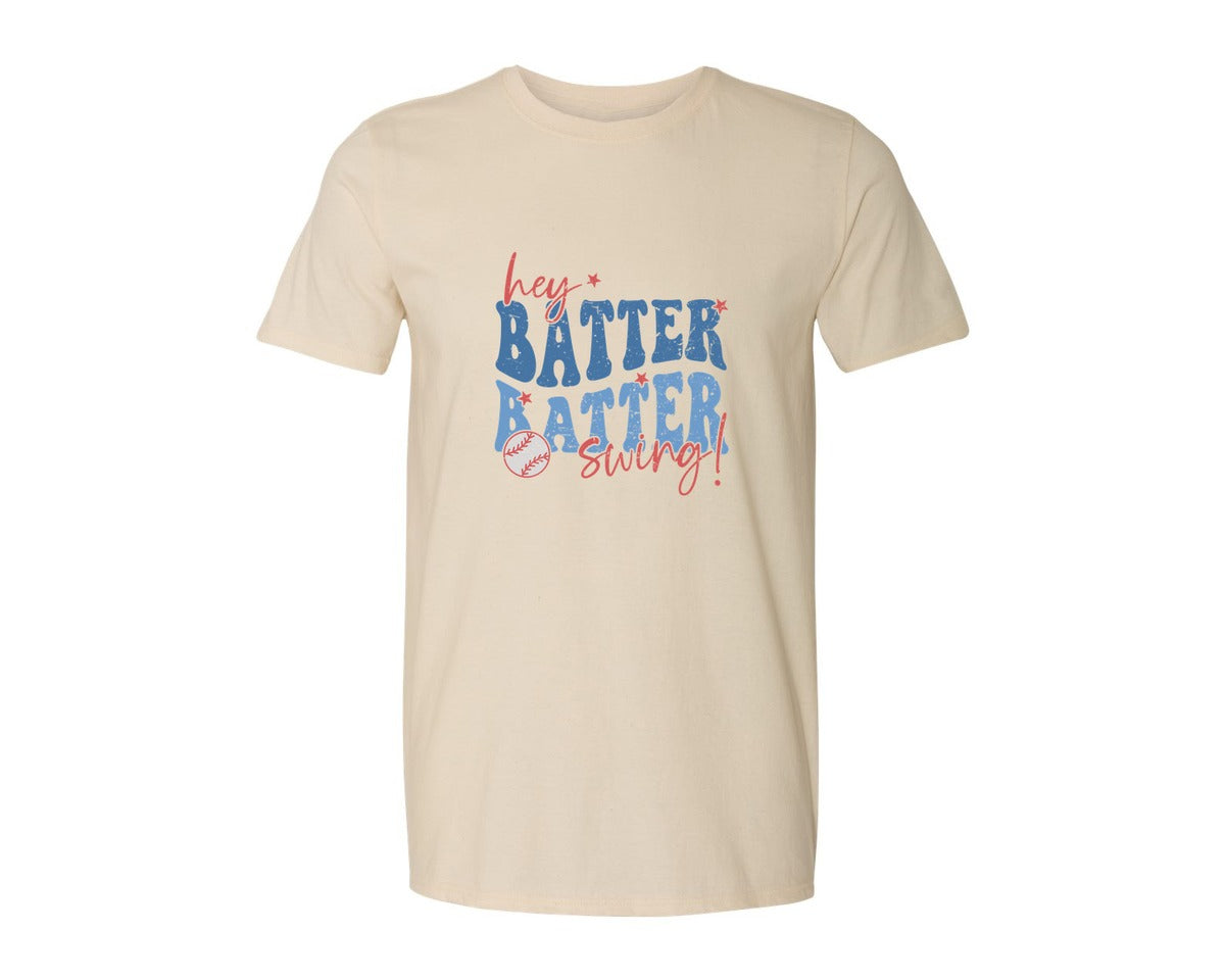 brand:Generic|color:Light Cream / Natural|Retro Baseball Hey Batter Batter Swing Graphic T-Shirt