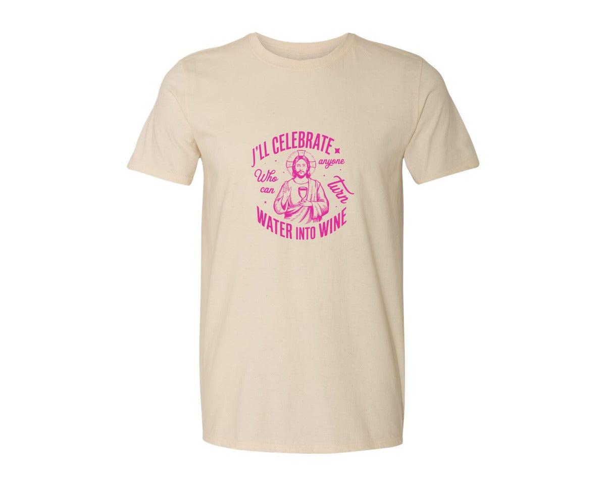 brand:Generic|color:Light Cream / Natural|Jesus Water Into Wine Design Graphic T-Shirt